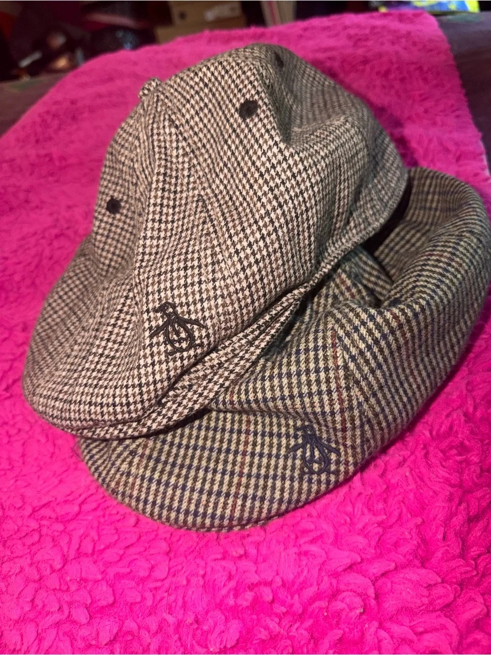 (2) Original Penguin Houndstooth Newsboy Cap in Brown and Black